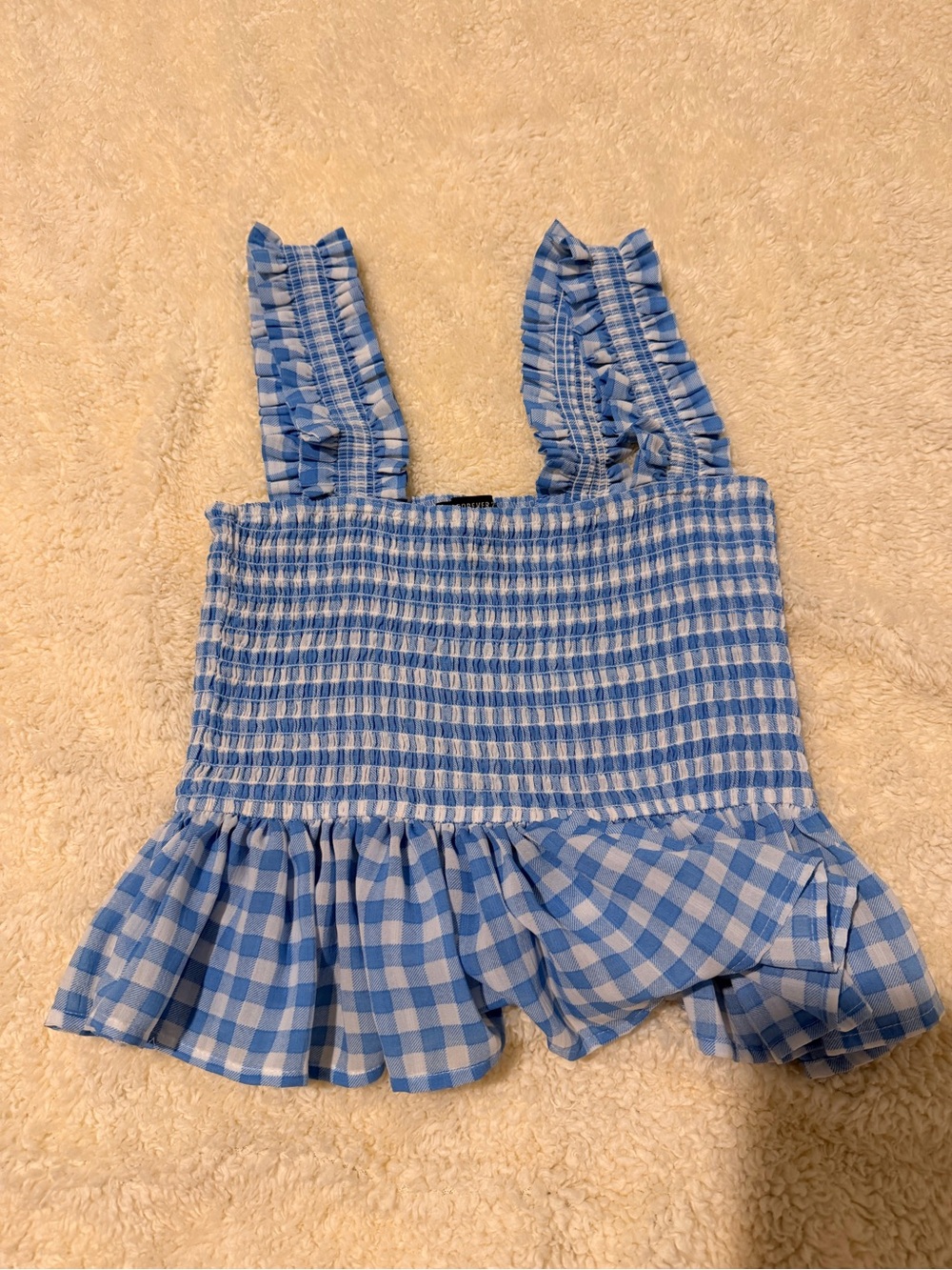 Forever 21 Blue and White Gingham Smocked Ruffle Tank Top